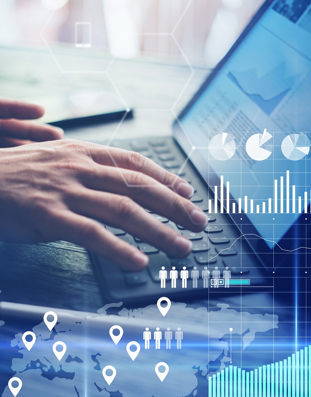 Concept of virtual diagram,graph interfaces,digital display,connections,statistics icons.Man using contemporary electronic tablet with dock keyboard.Blurred background. Vertical